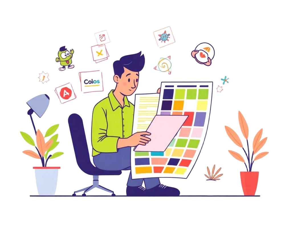 Designer reviewing color palettes and mascot sketches